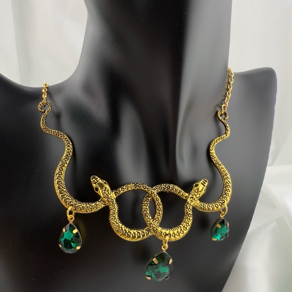 Serpent Serpentine Gold Snake Necklace with Green Accents
